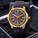 Clone Patek Philippe Aquanaut Engraving Watches Gold and Brown Rubber Strap